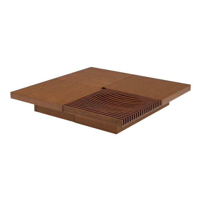 Brown wooden table with a minimalist design and slatted pattern on one side, showcasing a rich, warm tone.