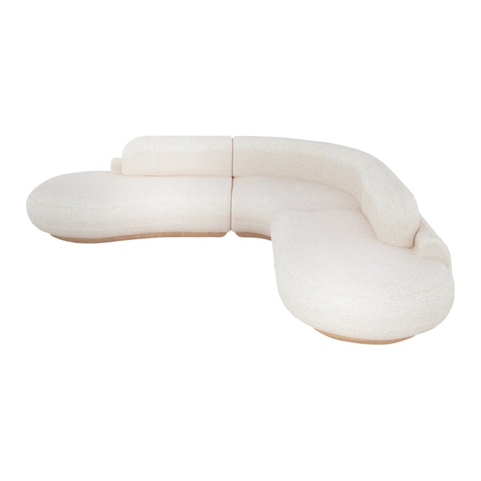 "Curvy sectional sofa in soft cream upholstery, featuring a minimalist design with seamless, elegant lines."