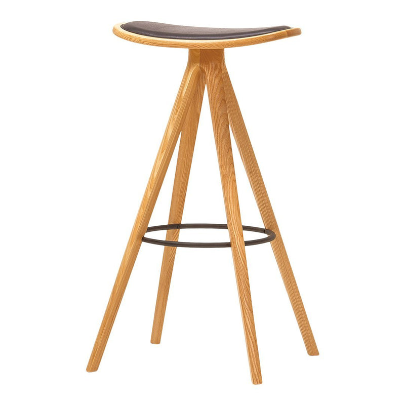 Natural wood bar stool with a dark brown seat and sleek, minimalist design. Features three light wood legs and a black footrest.