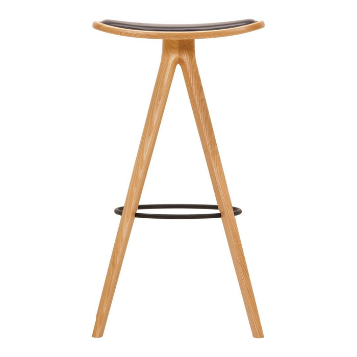 Natural wood bar stool with a smooth, light finish and a dark seat, featuring minimalist design and clean lines.