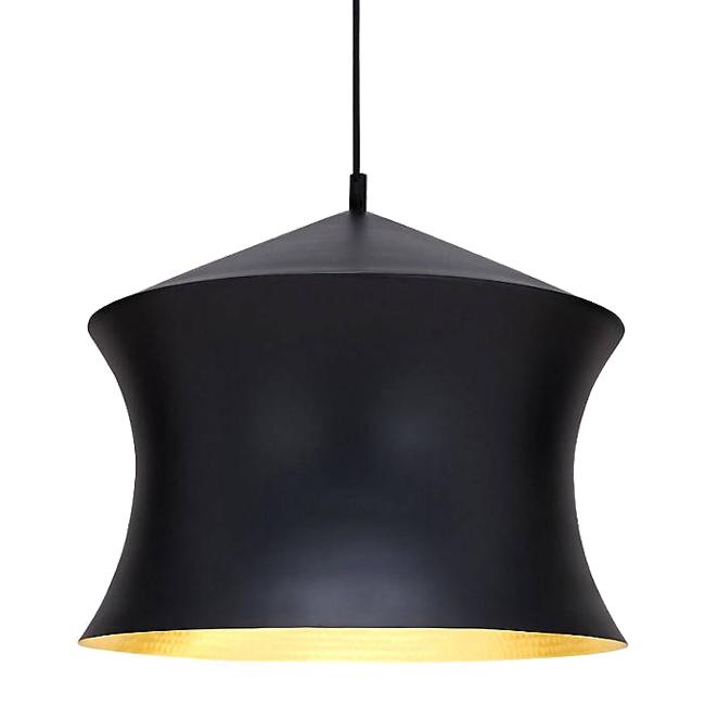 Sleek black pendant lamp with a smooth, modern silhouette and warm golden interior. Perfect for contemporary decor.