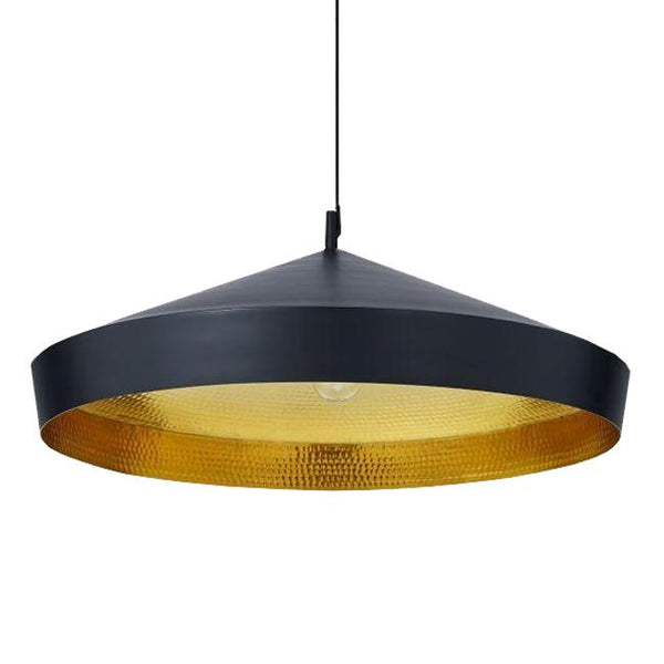 Black pendant lamp with a hammered gold interior, adding a modern and stylish touch to any space.