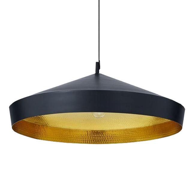 Black pendant lamp with a hammered gold interior, adding a modern and stylish touch to any space.