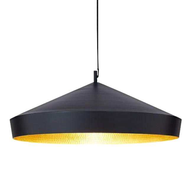 Black pendant lamp with a gold interior, featuring a sleek modern design and geometric conical shape.