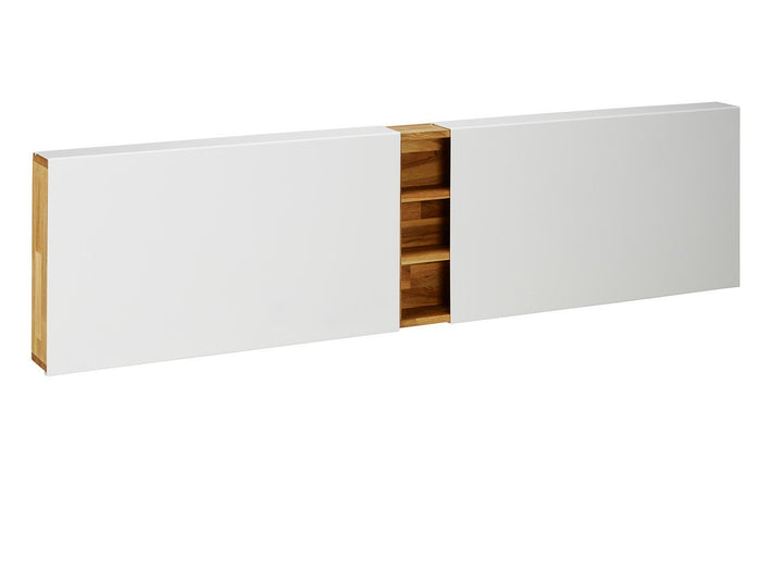 Sleek white cabinet with smooth surfaces and light wood accents, combining modern minimalism with natural warmth.
