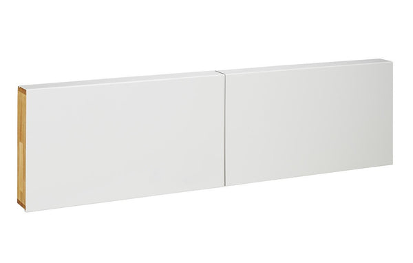 White dual cabinet doors with a smooth finish and light wood trim, ideal for modern interiors.