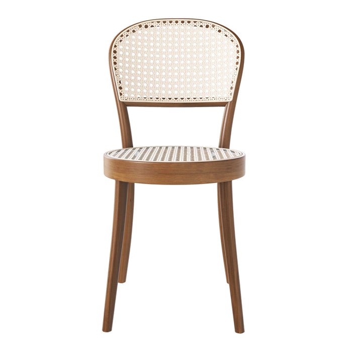 Natural wood chair featuring a cream caned backrest and seat, showcasing a classic woven pattern. Perfect for any decor.