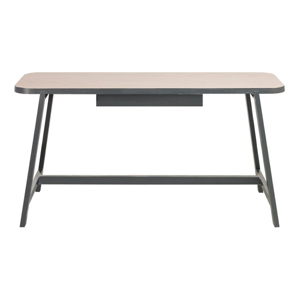 Stylish light wood tabletop with dark metal legs, featuring a sleek, modern design without patterns.