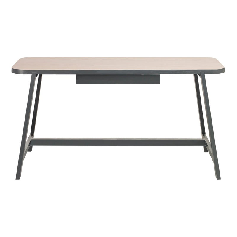 Stylish light wood tabletop with dark metal legs, featuring a sleek, modern design without patterns.
