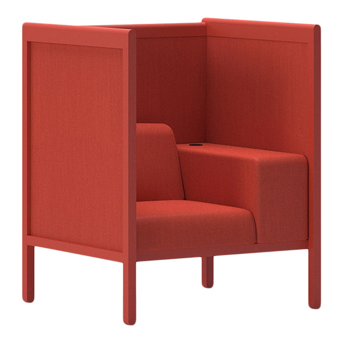 Red upholstered chair with a contemporary design and textured fabric pattern, featuring a sleek wooden frame.