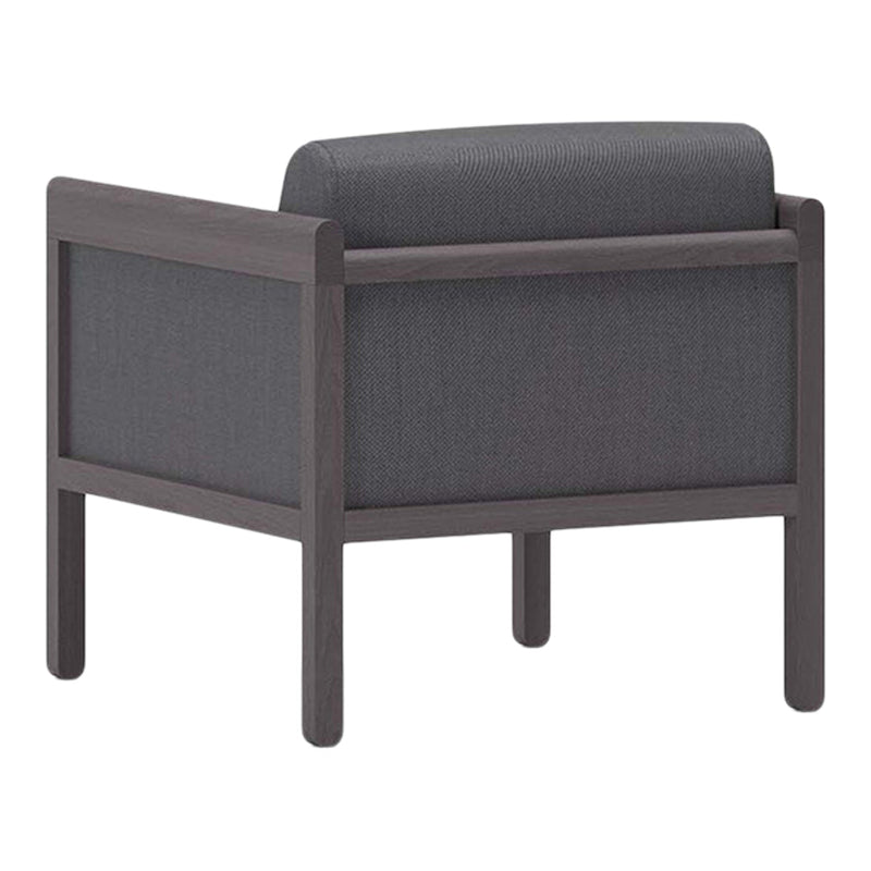 Gray upholstered chair with a sleek, modern design and textured fabric, complemented by a dark wood frame.