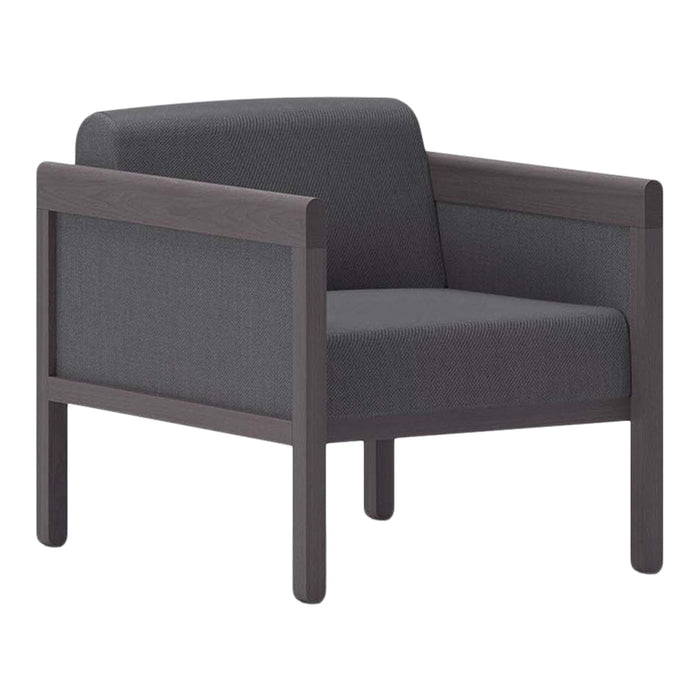 Gray upholstered chair with textured fabric and dark wooden frame, offering a modern and minimalist style.