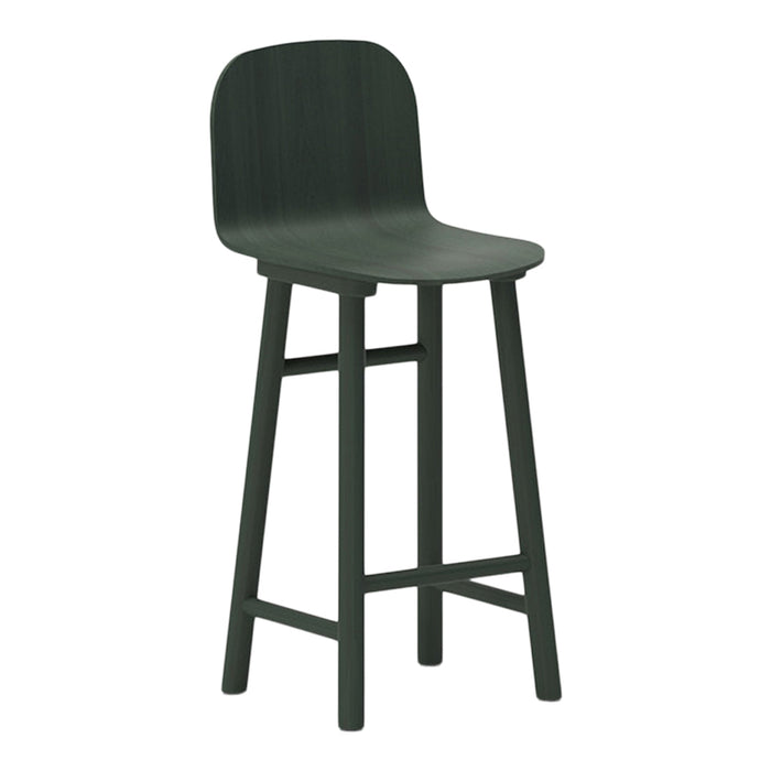 Green wooden bar stool with a smooth finish and minimalist design, perfect for modern interiors.