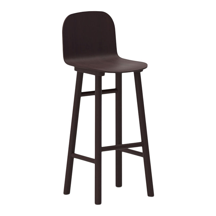 "Dark brown wooden bar stool with a sleek, minimalist design and smooth finish."