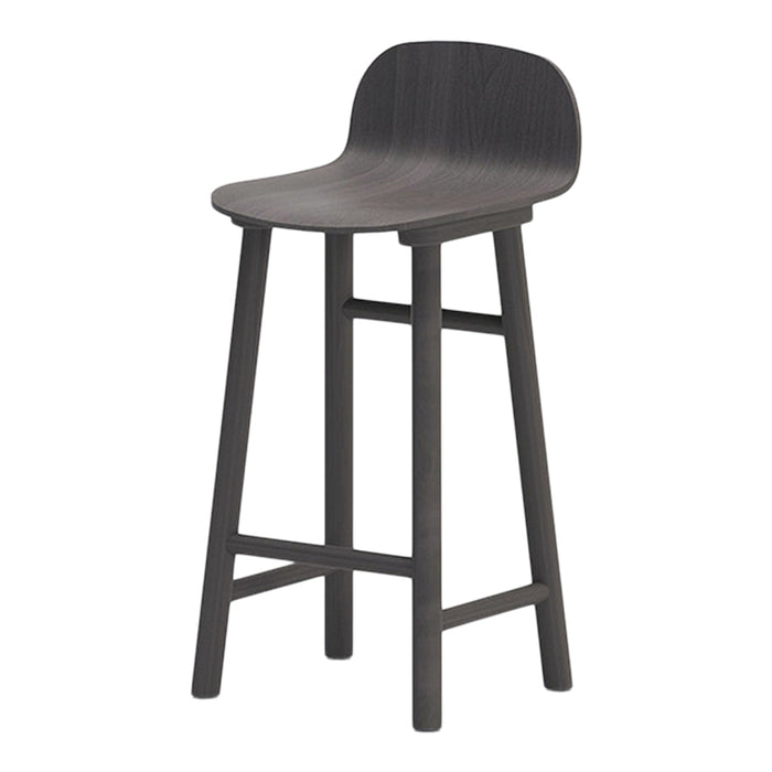 Dark gray wooden bar stool with a minimalist design and smooth finish, featuring subtle wood grain patterns.