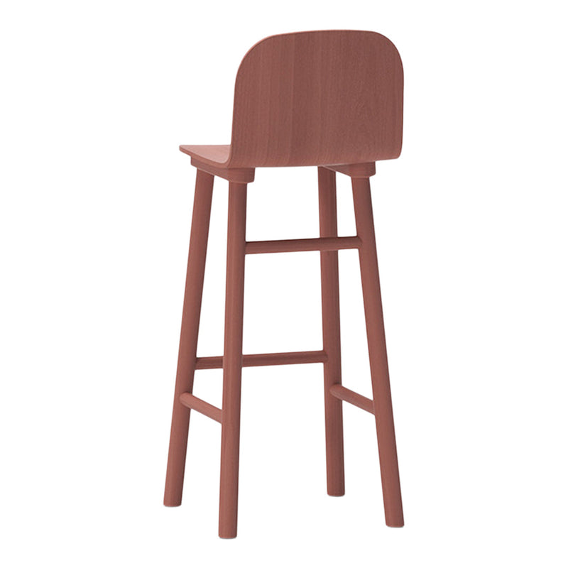 Modern tall stool in warm terracotta with a sleek, minimalist design and smooth wood finish. Perfect for stylish spaces.