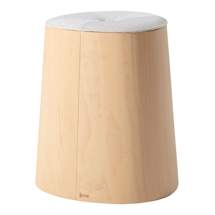 Natural wood stool with a light gray, textured cushion top and smooth, minimalist design.