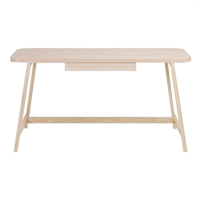 Light natural wood desk with a smooth finish and minimalistic design, featuring clean lines and a subtle drawer.