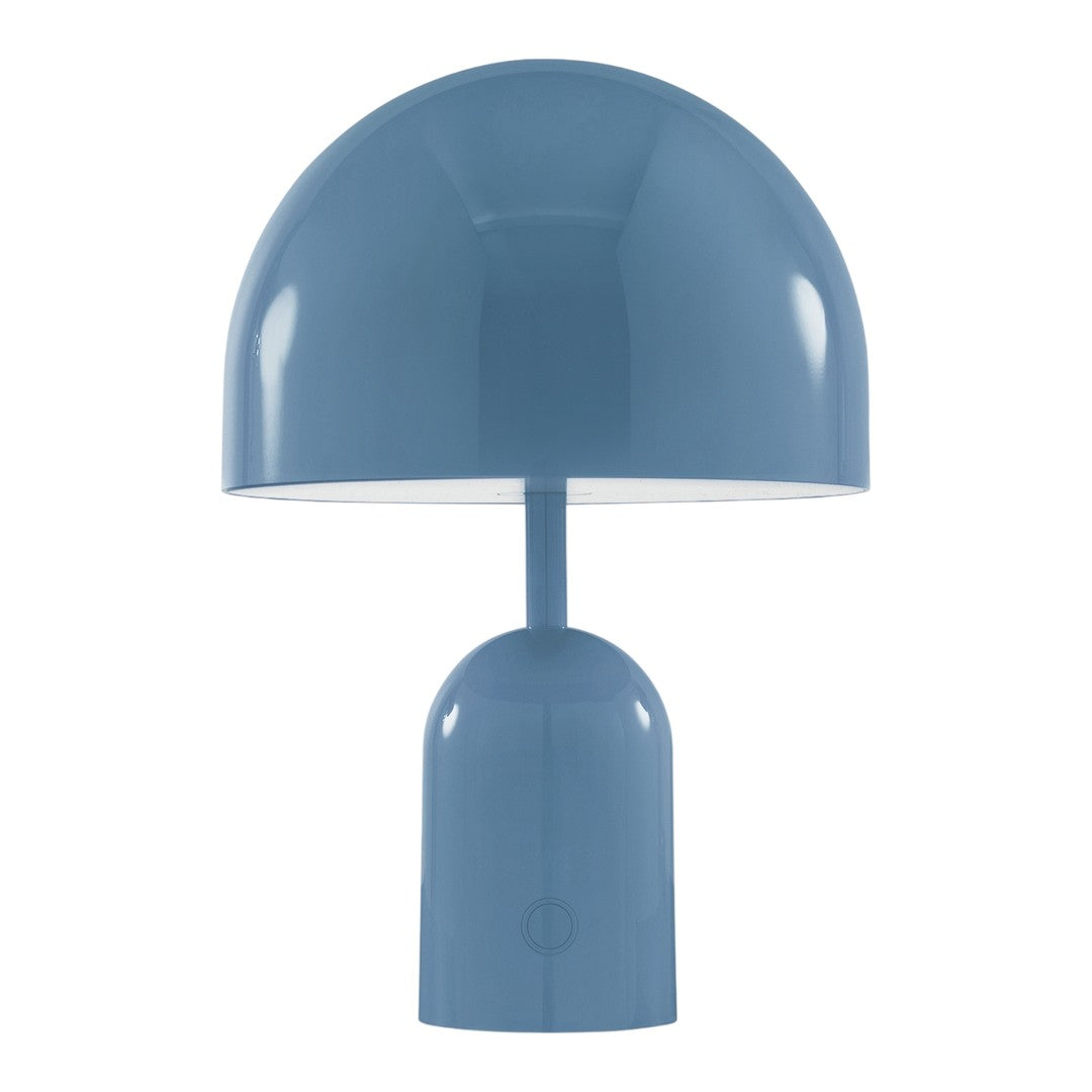 Blue dome-shaped table lamp with a smooth, glossy finish and a minimalistic design. Perfect for modern decor.
