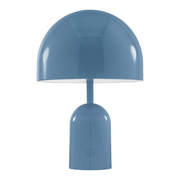 Blue dome-shaped table lamp with a smooth, glossy finish and a minimalistic design. Perfect for modern decor.
