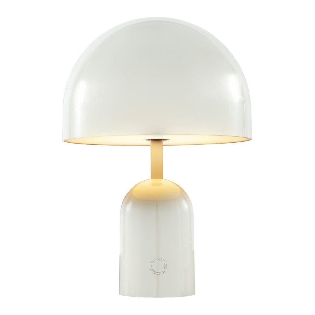 White modern lamp with a sleek dome shade and smooth, rounded base, featuring a warm light glow.