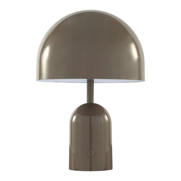 Sleek, modern table lamp in a glossy taupe finish with a simple dome shape and minimalistic design.