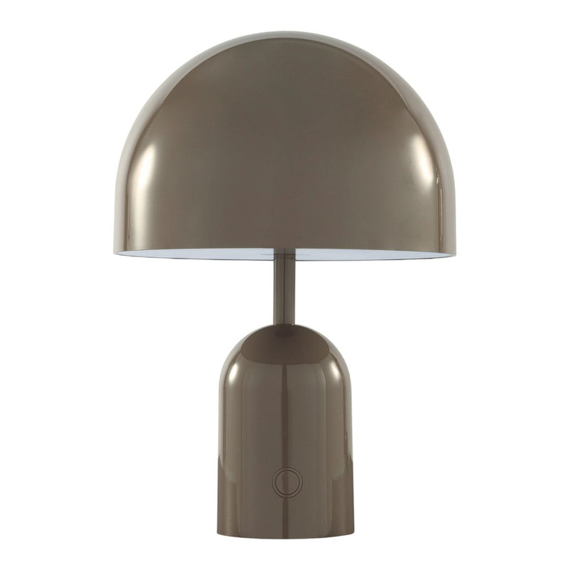 Sleek, modern table lamp in a glossy taupe finish with a simple dome shape and minimalistic design.