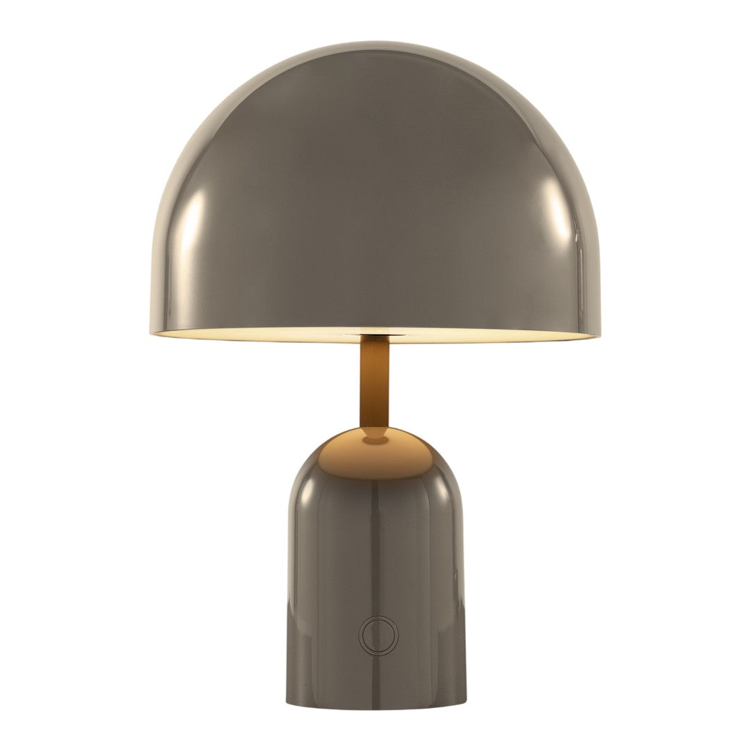 Sleek gray dome lamp with a glossy finish and a contrasting gold base. Ideal for modern decor.