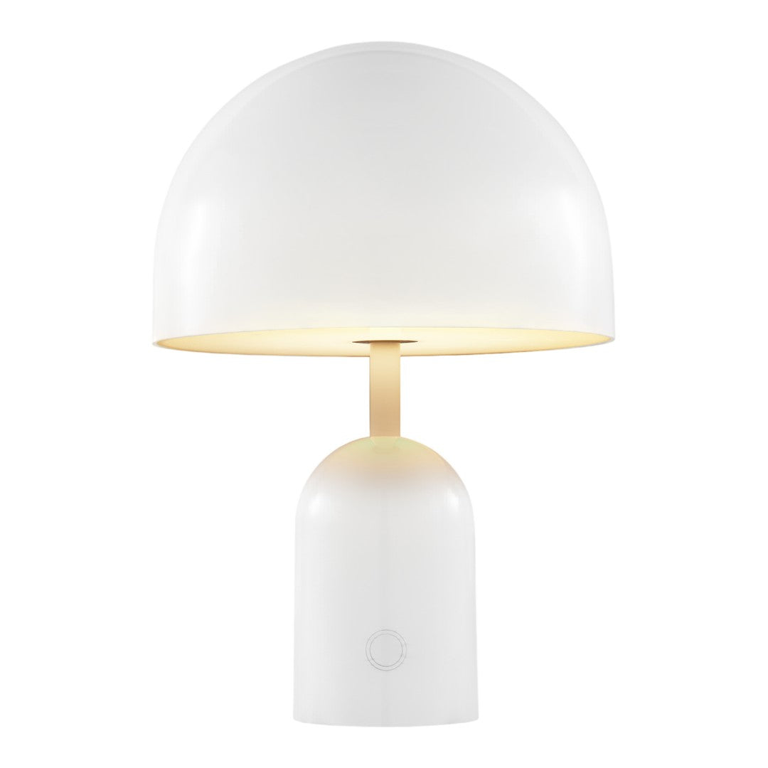 Sleek white dome lamp with a soft yellow glow, featuring a minimalist design and smooth, rounded shapes.