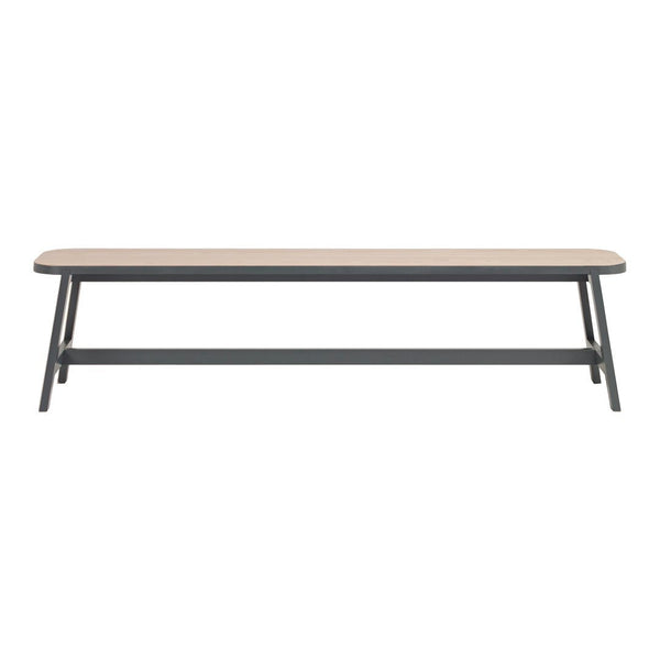 "Neutral-colored bench with a smooth, light wood top and dark metal legs, featuring a simple modern design."
