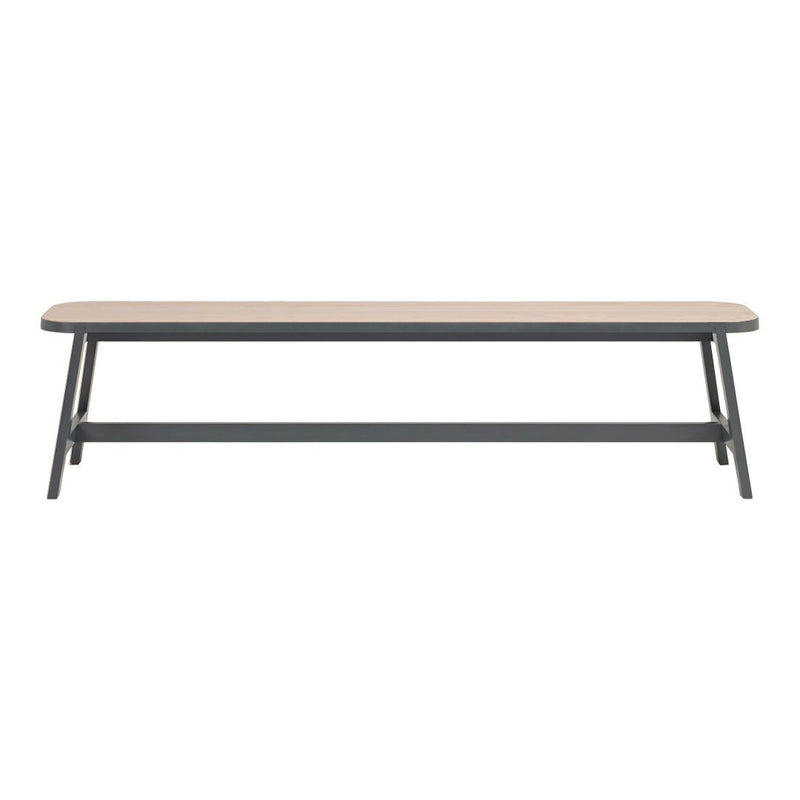 "Neutral-colored bench with a smooth, light wood top and dark metal legs, featuring a simple modern design."