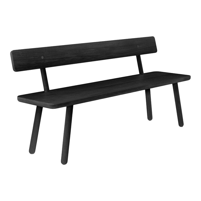Black wooden bench with a sleek design and smooth finish, featuring a minimalist style and simple lines.