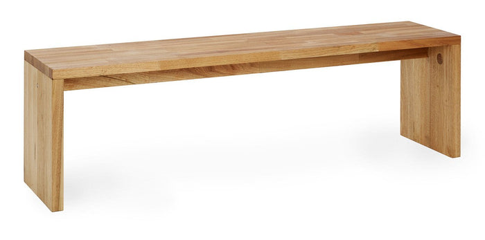 Natural wood bench with a light brown finish and smooth, simple lines for a modern aesthetic.