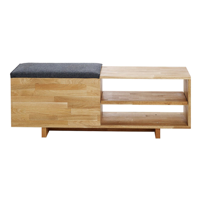 Light wood with natural grain, featuring a dark gray upholstered top and a minimalistic design. No patterns.