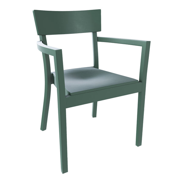 Green armchair with a minimalist design, featuring smooth surfaces and straight lines for a modern look.