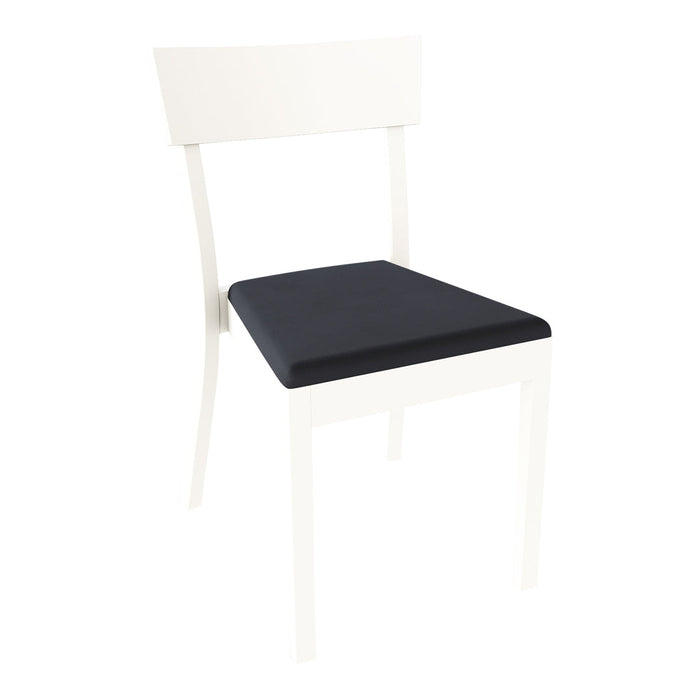 White dining chair with a sleek, modern design featuring a solid black cushion for comfortable seating.