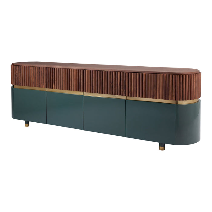 Wooden sideboard with a rich brown top, deep teal base, and golden accents; featuring vertical striped patterns.