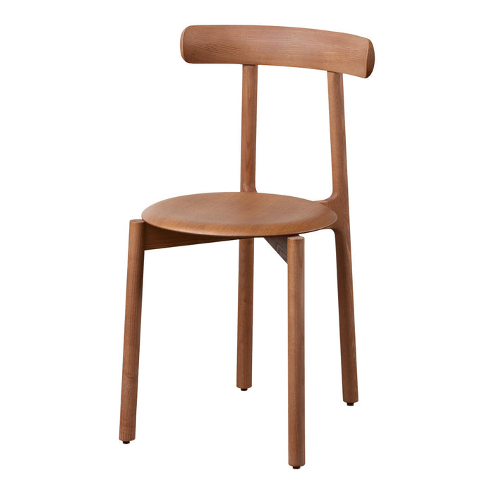 Light brown wooden chair with a simple, minimalist design and smooth finish. Ideal for modern decor.
