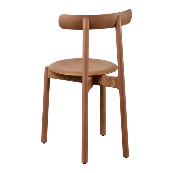 Brown wooden chair with a smooth finish and minimalist design, featuring a circular seat and curved backrest.