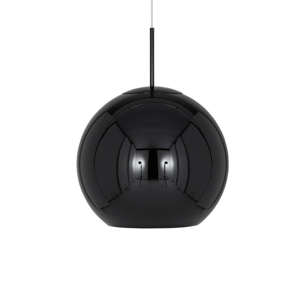 Sleek black spherical pendant light with a glossy finish, featuring smooth, modern lines and a minimalist design.