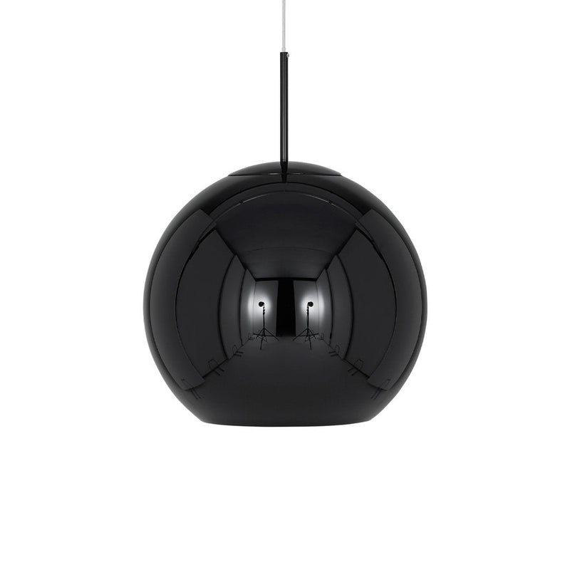 Sleek black spherical pendant light with a glossy finish, featuring smooth, modern lines and a minimalist design.