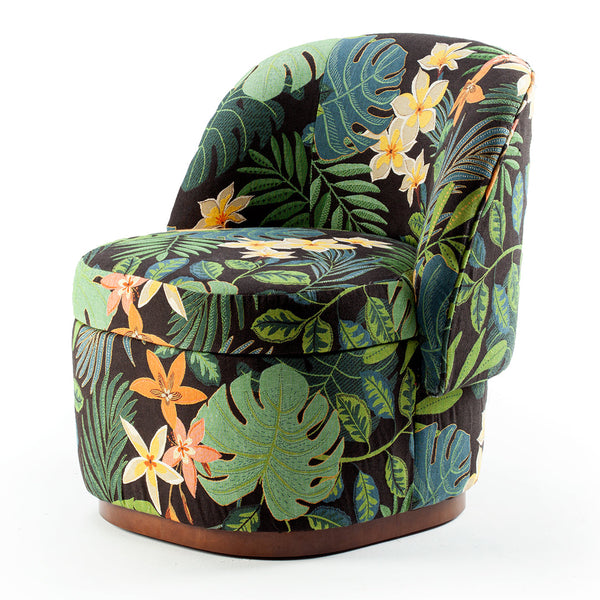 Colorful floral pattern with green leaves and bright orange and yellow flowers on a black background.
