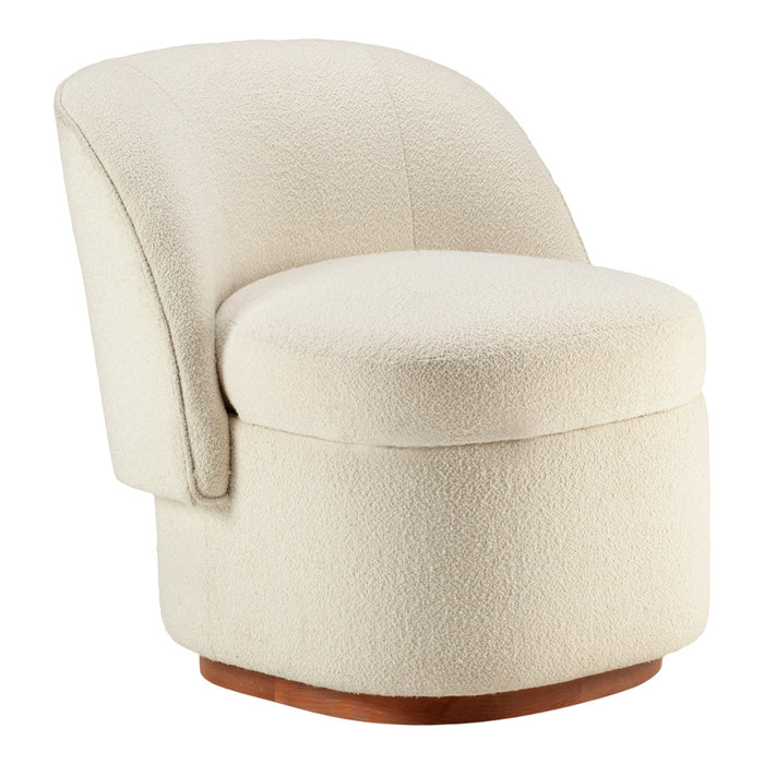 Cream-colored boucle chair with a rounded design and a smooth wood base, offering a cozy, textured pattern.
