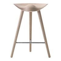 Natural wood bar stool with a smooth, curved seat and slender legs, showcasing a minimalistic design in light tones.