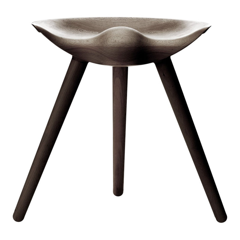 Dark wooden stool with a unique bowl-shaped seat and slender, tapered legs. Smooth finish with natural grain patterns.