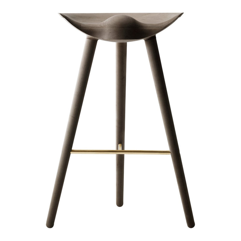 Dark wood bar stool with a smooth, curved seat and minimalist design, complemented by a sleek brass footrest.