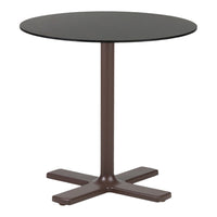 Round black tabletop with a sleek brown base, featuring a modern minimalist design. Perfect for any contemporary space.