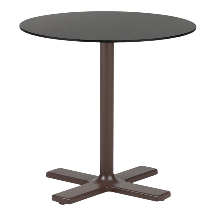 Round black tabletop with a sleek brown base, featuring a modern minimalist design. Perfect for any contemporary space.