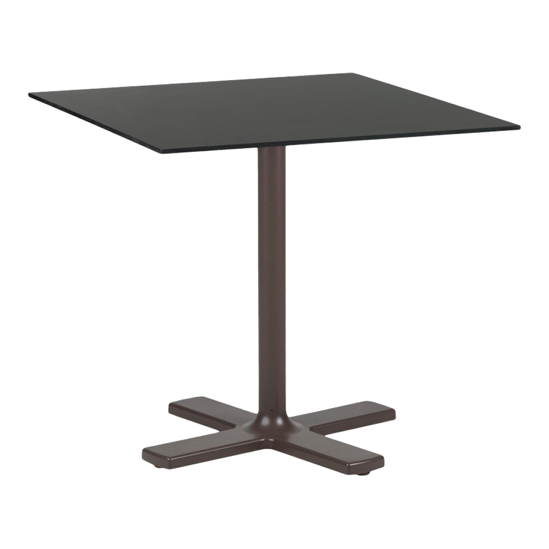 Modern square table with a sleek black glass top and a sturdy brown metal base, perfect for contemporary decor.