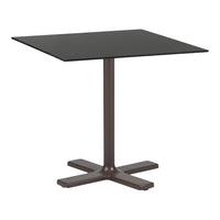 Modern square table with a sleek black glass top and a sturdy brown metal base, perfect for contemporary decor.